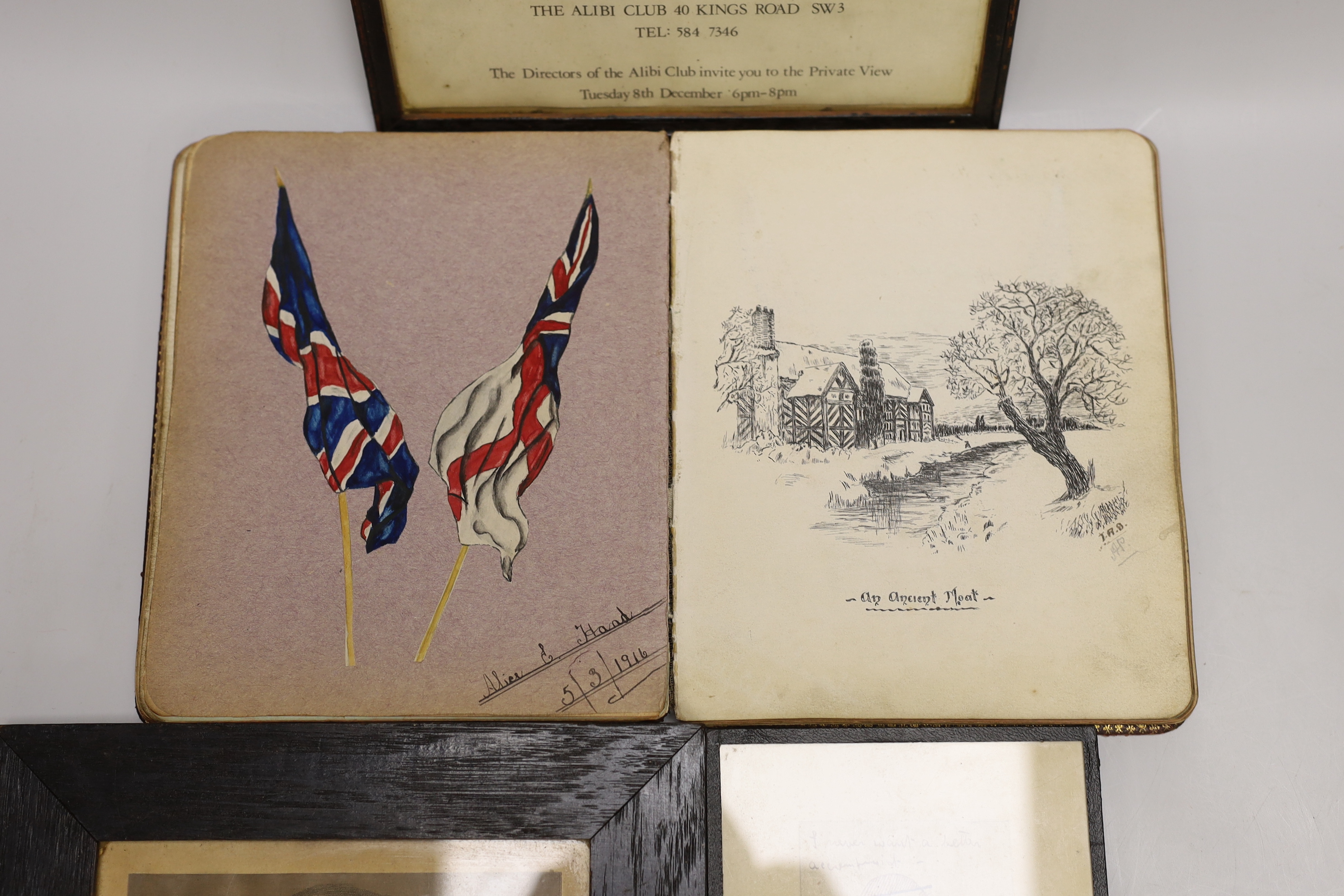 An early 20th century sketch album, a print of an etching monogrammed EBF, and two cartoon pen and ink drawings